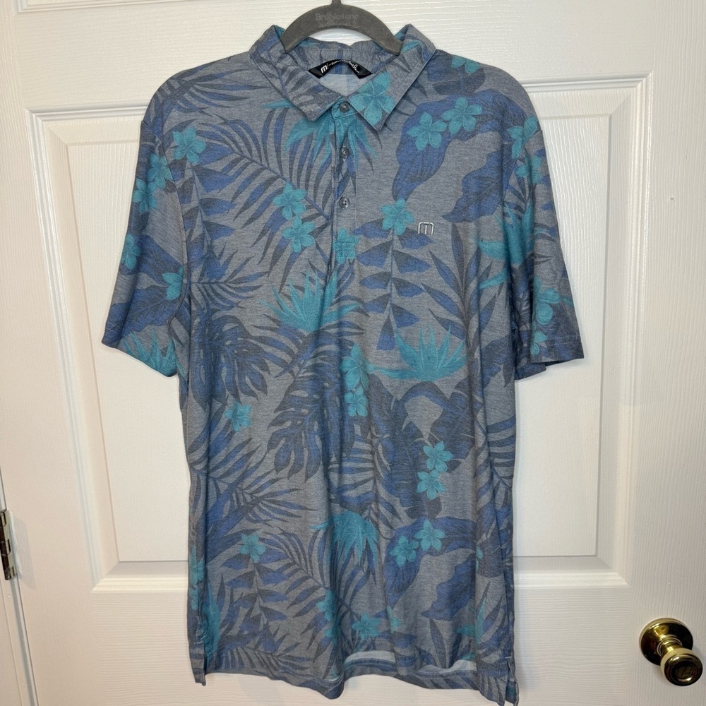 Travis Mathew Gray and Blue Polo Shirt with Tropical Print Size Large GUC